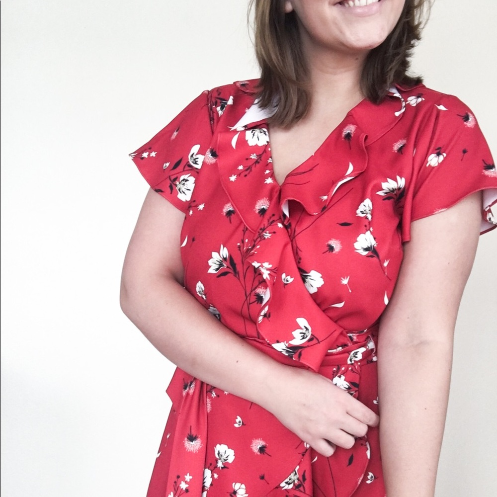 Red floral wrap dress